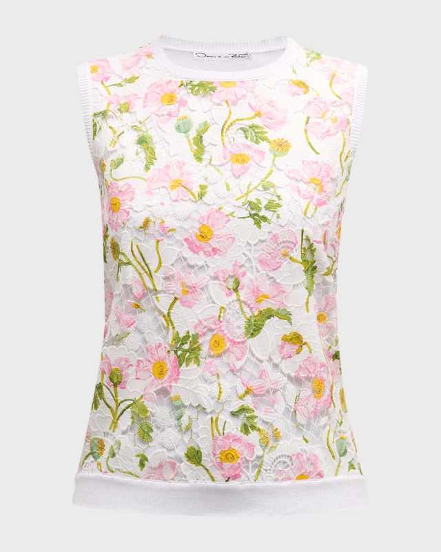 Floral-Print Botanical Lace-Inset Knit Tank Top